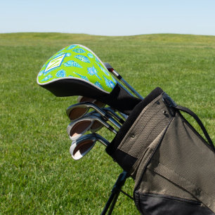 Preppy Coastal Sea Shells on Lime Green Monogram Golf Head Cover