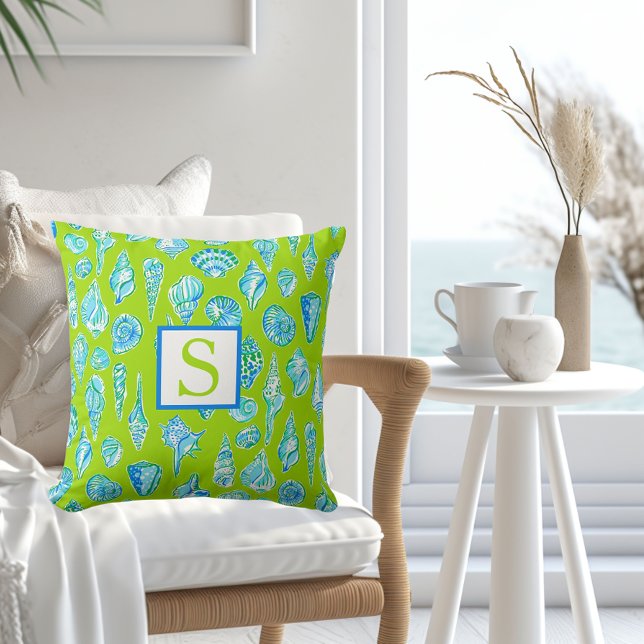 Preppy Coastal Sea Shells on Lime Green Monogram Throw Pillow (Creator Uploaded)