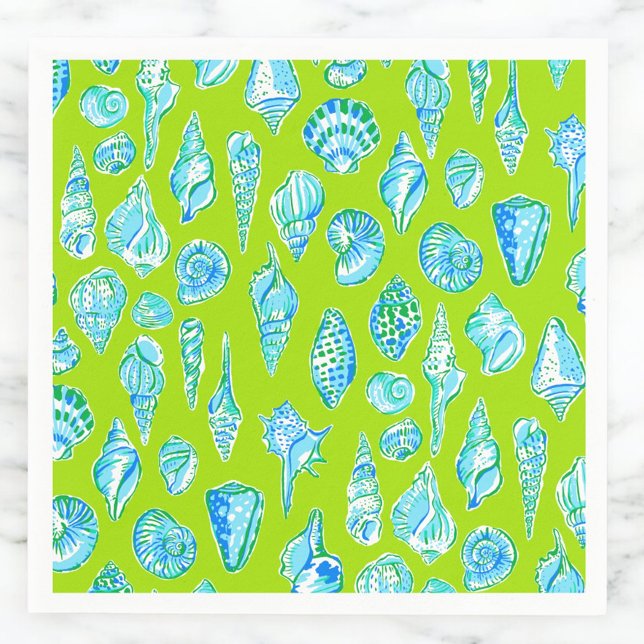 Preppy Coastal Sea Shells on Lime Green Seaside Napkins (Creator Uploaded)