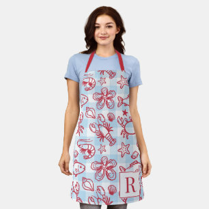Preppy Coastal Seafood Gingham Kitchen Decor Apron