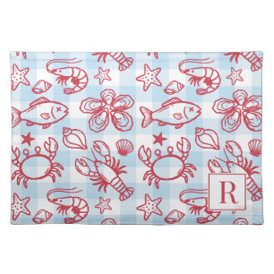 Preppy Coastal Seafood Gingham Kitchen Decor Cloth Placemat