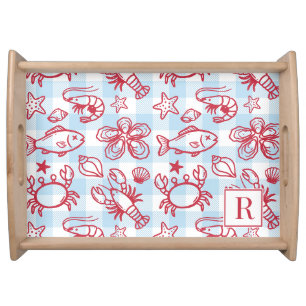 Preppy Coastal Seafood Gingham Kitchen Decor Serving Tray