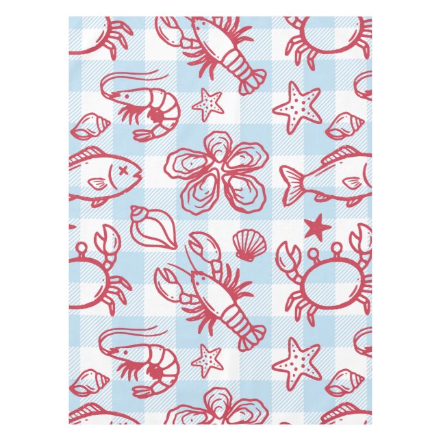Preppy Coastal Seafood Gingham Kitchen Decor Tablecloth (Front)