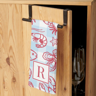 Preppy Coastal Seafood Gingham Kitchen Decor Towel