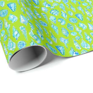 Preppy Coastal Seashells Lime Green Wrapping Paper
