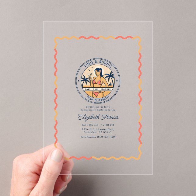 Preppy Coastal Tinis & Bikinis Bachelorette Party Acrylic Invitations (Insitu (Handheld))