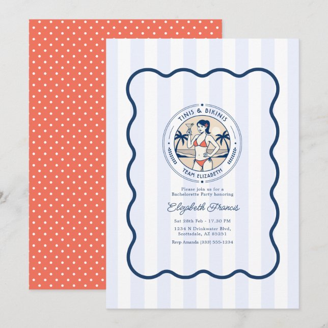 Preppy Coastal Tinis & Bikinis Beach Bachelorette Invitation (Front/Back)