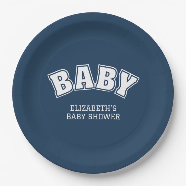 Preppy Collegiate Varsity Navy Baby Shower Paper Plates (Front)