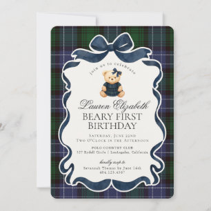 Preppy Coquette Bow Bear Beary First Birthday Invitation