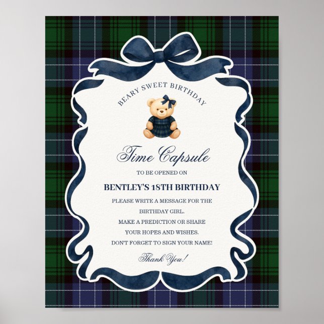Preppy Coquette Bow Bear Birthday Time Capsule Poster (Front)
