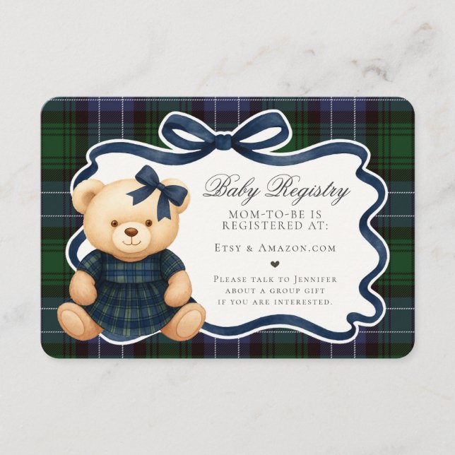 Preppy Coquette Bow Bear Plaid Baby Registry Card (Front)