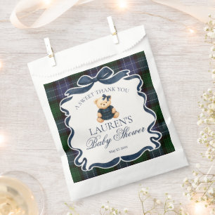 Preppy Coquette Bow Bear Plaid Baby Shower Dessert Favor Bag