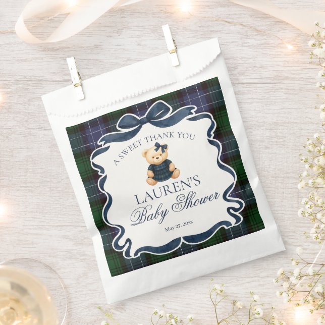 Preppy Coquette Bow Bear Plaid Baby Shower Dessert Favor Bag (Clipped)
