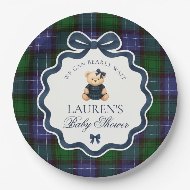 Preppy Coquette Bow Bear Plaid Baby Shower  Paper Plates (Front)