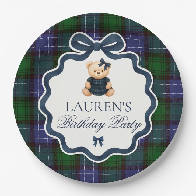 Preppy Coquette Bow Bear Plaid Birthday  Paper Plates (Front)