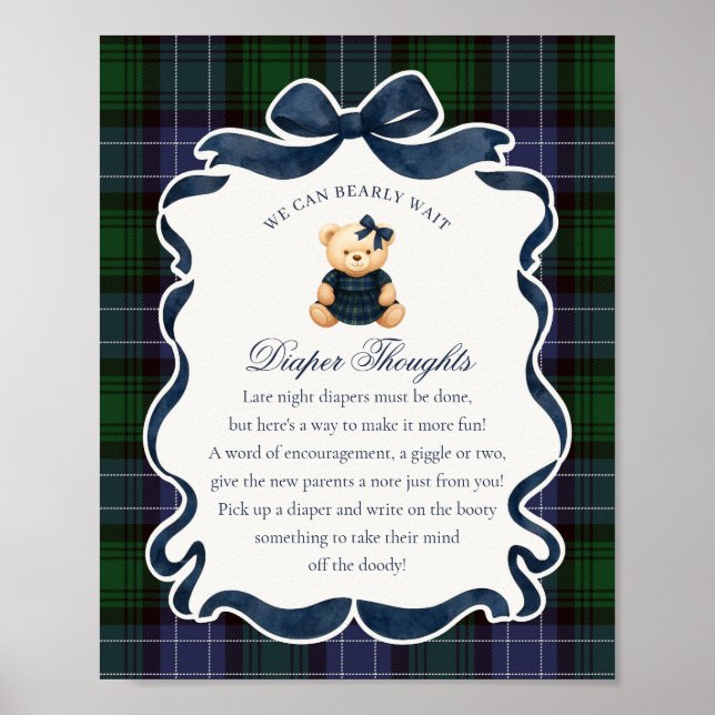 Preppy Coquette Bow Bear Plaid Diaper Thoughts Poster (Front)