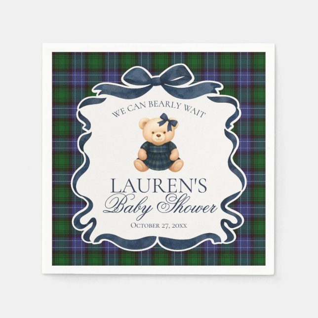 Preppy Coquette Bow Bear Tartan Plaid Baby Shower Napkins (Front)