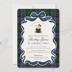 Preppy Coquette Bow Bear Tartan Plaid Birthday Invitation