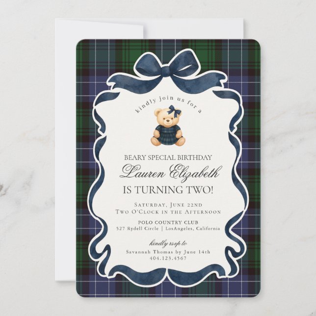Preppy Coquette Bow Bear Tartan Plaid Birthday Invitation (Front)