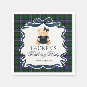 Preppy Coquette Bow Bear Tartan Plaid Birthday Napkins