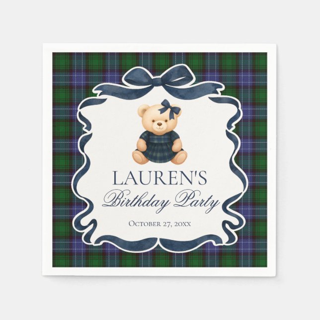 Preppy Coquette Bow Bear Tartan Plaid Birthday Napkins (Front)