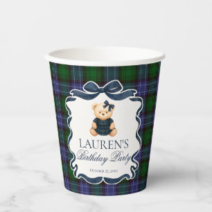 Preppy Coquette Bow Bear Tartan Plaid Birthday Paper Cups