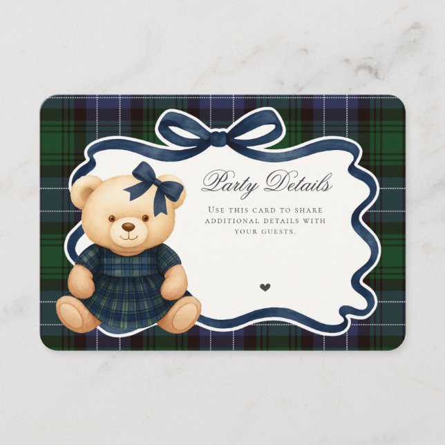 Preppy Coquette Bow Bear Tartan Plaid Details Card (Front)