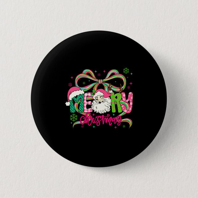 Preppy Coquette Bow Merry Christmas Santa Xmas Fam Button (Front)