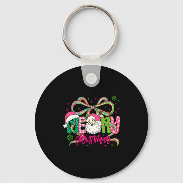 Preppy Coquette Bow Merry Christmas Santa Xmas Fam Keychain (Front)