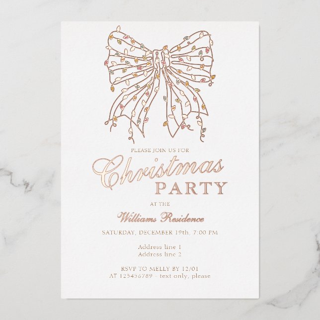 Preppy Coquette Bow Winter Christmas Lights Party Foil Invitation (Front)