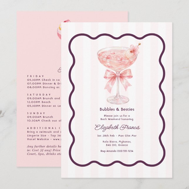Preppy Coquette Bubbles & Besties Bachelorette Invitation (Front/Back)