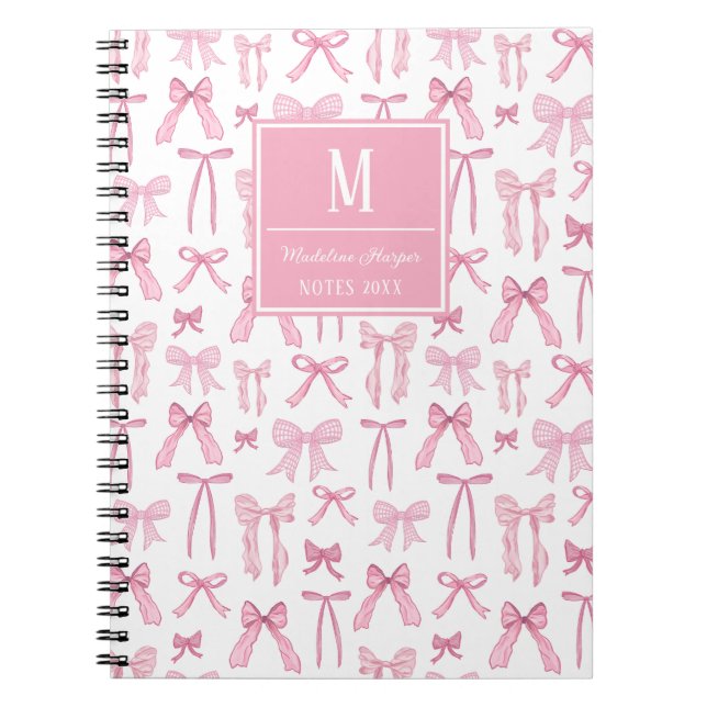 Preppy Coquette Pink Bows Monogram Personalized Notebook (Front)