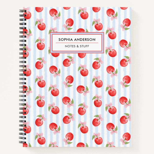 Preppy Coquette Red Cherry Pink Bow Personalized Notebook (Front)