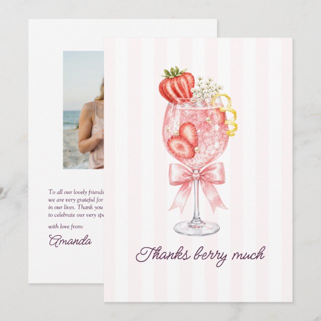 Preppy Coquette Strawberry Cocktail Bridal Thank You Card (Front/Back)