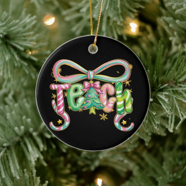 Preppy Coquette Teach Christmas Teacher Holiday  Ceramic Ornament (Tree)