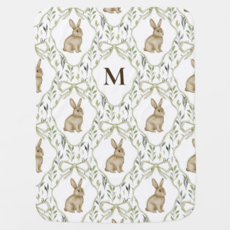 Preppy Coquette Watercolor Bunny Custom Monogram Baby Blanket
