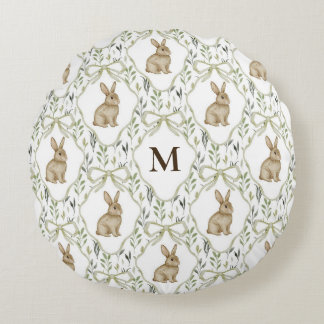 Preppy Coquette Watercolor Bunny Custom Monogram Round Pillow