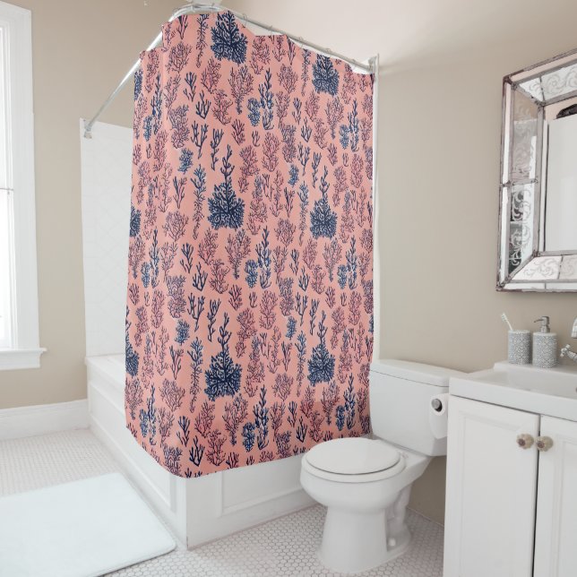 Preppy Coral and Blue Tropical Beach Pattern Shower Curtain (In Situ)
