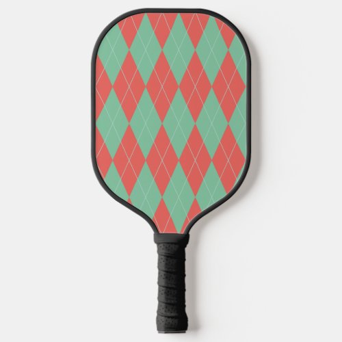 Preppy Coral and Green Argyle Print Pattern Pickleball Paddle