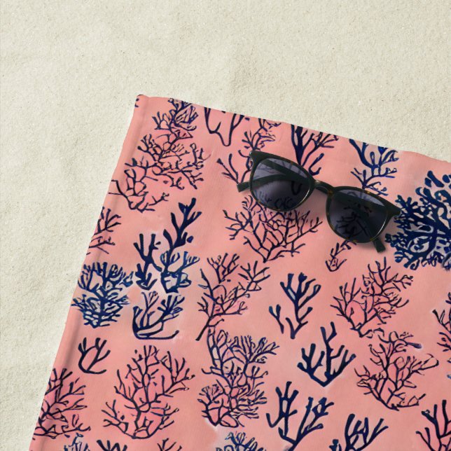 Preppy Coral Blue Pattern Beach Towel (In Situ)