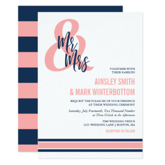 Preppy Coral & Navy Mr & Mrs Wedding Card