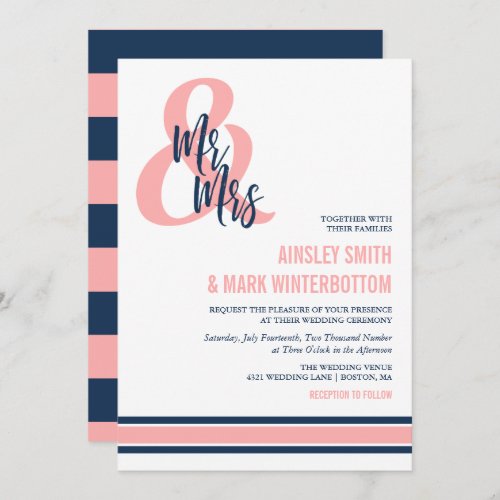 Preppy Coral  Navy Mr  Mrs Wedding Invitation