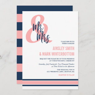 Preppy Coral & Navy Mr & Mrs Wedding Invitation