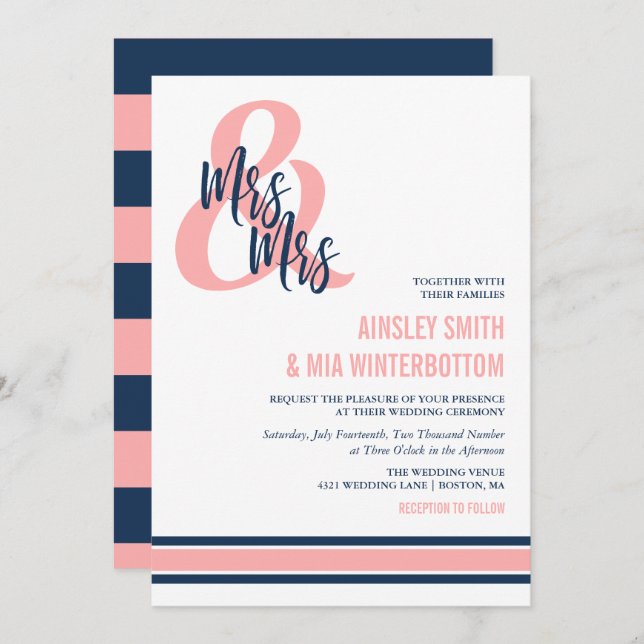 Preppy Coral & Navy Mrs & Mrs Wedding Invitation (Front/Back)