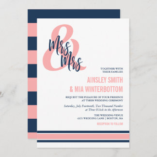 Preppy Coral & Navy Mrs & Mrs Wedding Invitation