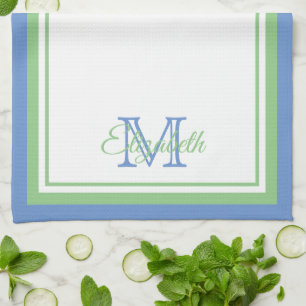 Preppy Cornflower Blue and Sage Green Monogram Kitchen Towel