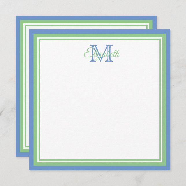 Preppy Cornflower Blue and Sage Green Monogram Note Card (Front/Back)