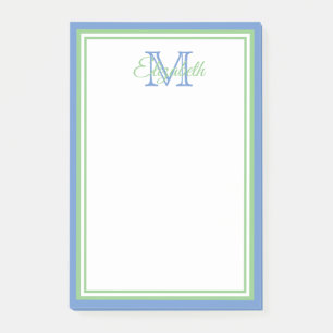 Preppy Cornflower Blue and Sage Green Monogram Post-it Notes