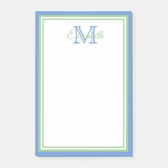 Preppy Cornflower Blue and Sage Green Monogram Post-it Notes (Front)