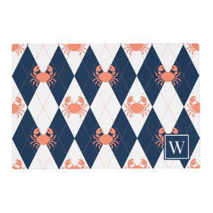 Preppy Crab Argyle - Coral & Navy Monogram Placemat